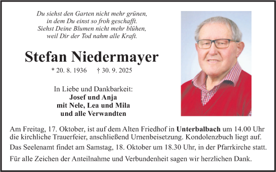 Traueranzeige von Stefan Niedermayer von Fränkische Nachrichten