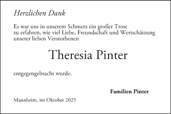 Traueranzeige von Theresia Pinter von Mannheimer Morgen