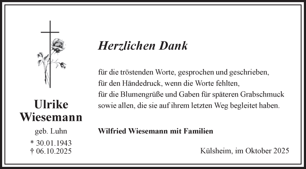 Traueranzeige für Ulrike Wiesemann vom 31.10.2025 aus Fränkische Nachrichten