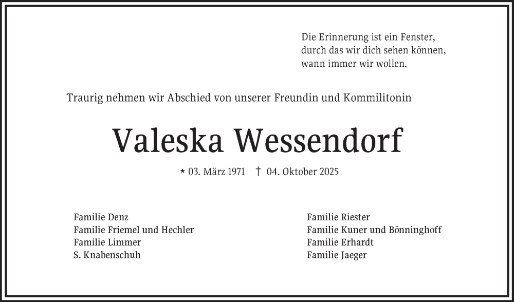  Traueranzeige für Valeska Wessendorf vom 11.10.2025 aus Mannheimer Morgen
