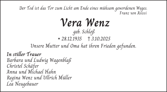 Traueranzeige von Vera Wenz von Mannheimer Morgen