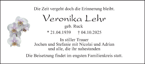 Traueranzeige von Veronika Lehr von Schwetzinger Zeitung