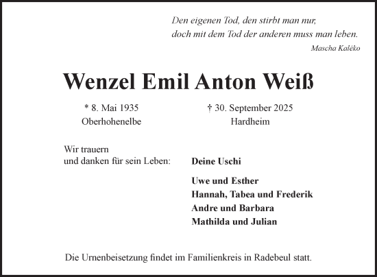Traueranzeige von Wenzel Emil Anton Weiß von Fränkische Nachrichten