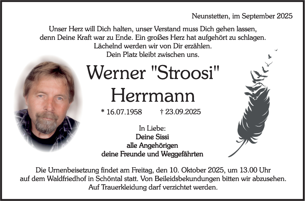  Traueranzeige für Werner Herrmann vom 04.10.2025 aus Fränkische Nachrichten