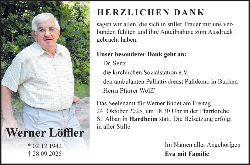 Traueranzeige für Werner Löffler vom 22.10.2025 aus Fränkische Nachrichten