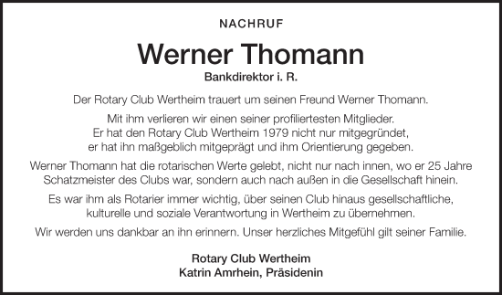 Traueranzeige von Werner Thomann von Fränkische Nachrichten