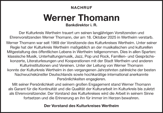Traueranzeige von Werner Thomann von Fränkische Nachrichten