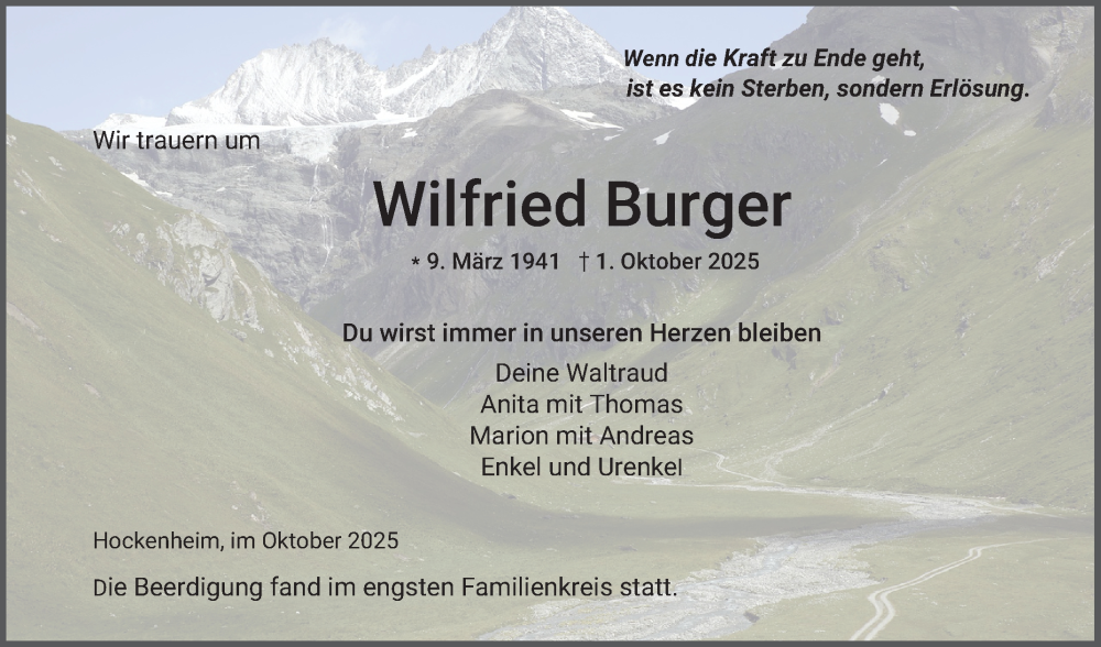  Traueranzeige für Wilfried Burger vom 18.10.2025 aus Schwetzinger Zeitung