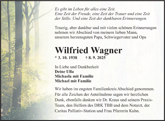 Traueranzeige von Wilfried Wagner von Fränkische Nachrichten