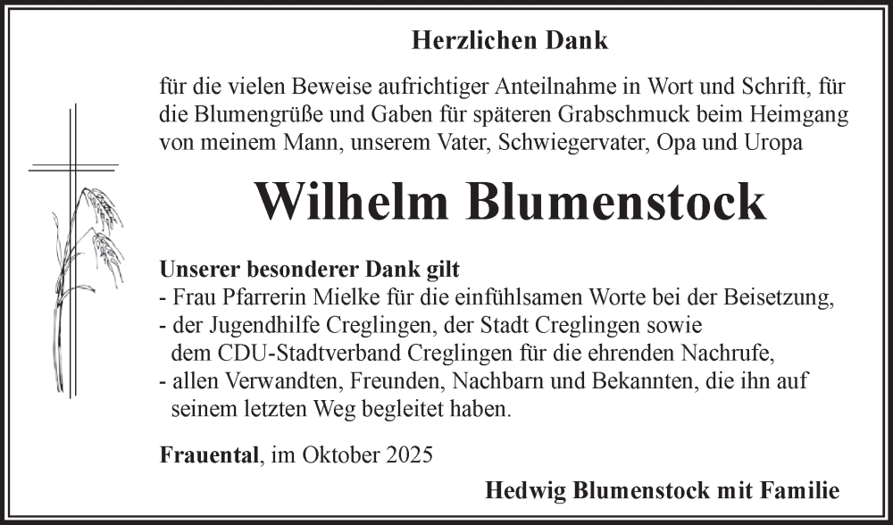  Traueranzeige für Wilhelm Blumenstock vom 07.10.2025 aus Fränkische Nachrichten