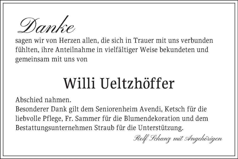  Traueranzeige für Willi Ueltzhöffer vom 04.10.2025 aus Schwetzinger Zeitung