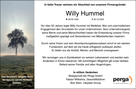 Traueranzeige von Willy Hummel von Fränkische Nachrichten