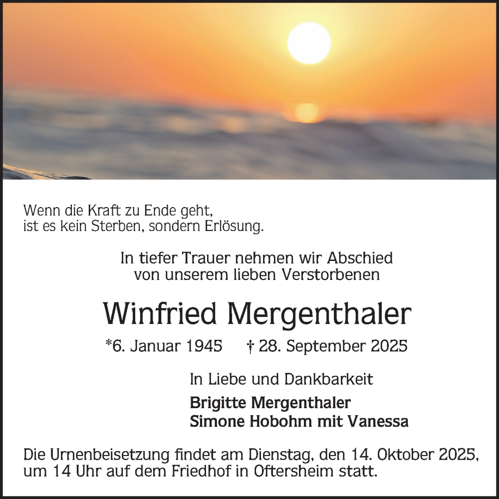  Traueranzeige für Winfried Mergenthaler vom 04.10.2025 aus Schwetzinger Zeitung