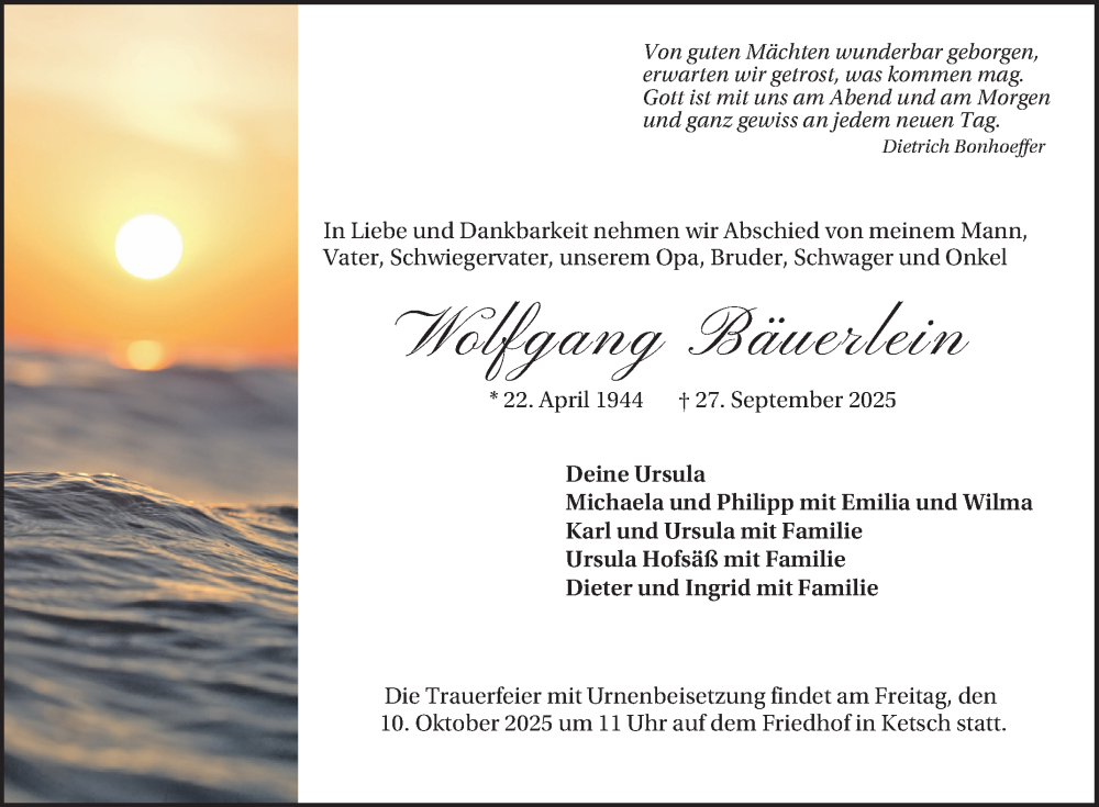  Traueranzeige für Wolfgang Bäuerlein vom 08.10.2025 aus Schwetzinger Zeitung