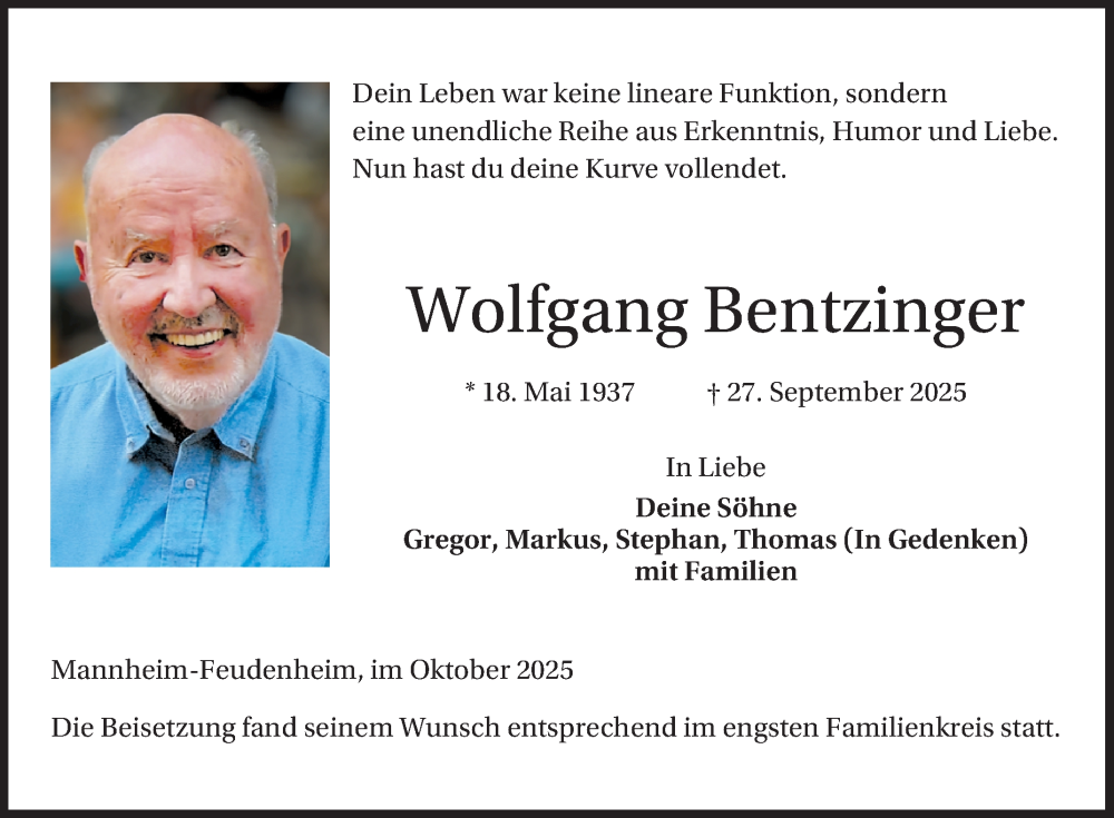  Traueranzeige für Wolfgang Bentzinger vom 18.10.2025 aus Mannheimer Morgen