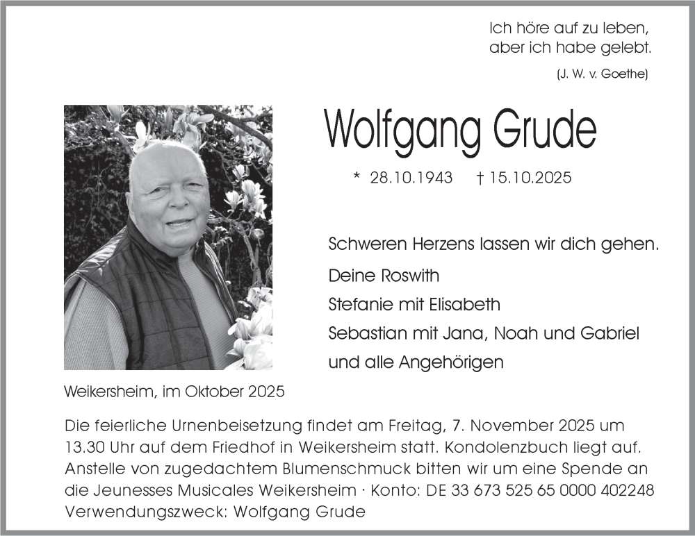  Traueranzeige für Wolfgang Grude vom 28.10.2025 aus Fränkische Nachrichten