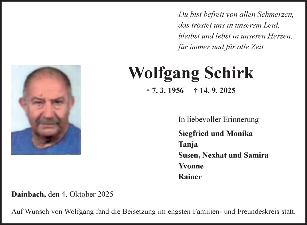  Traueranzeige für Wolfgang Schirk vom 04.10.2025 aus Fränkische Nachrichten