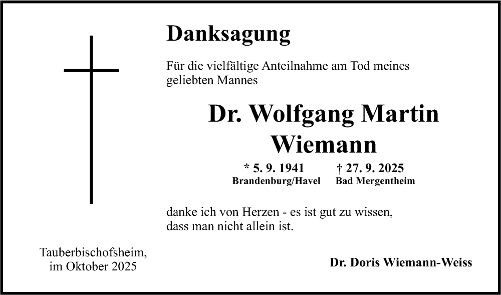  Traueranzeige für Wolfgang Martin Wiemann vom 25.10.2025 aus Fränkische Nachrichten