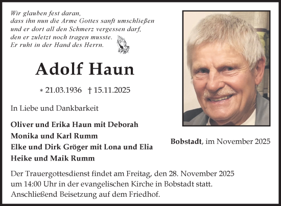 Traueranzeige von Adolf Haun von Fränkische Nachrichten