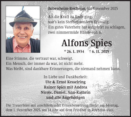 Traueranzeige von Alfons Spies von Fränkische Nachrichten