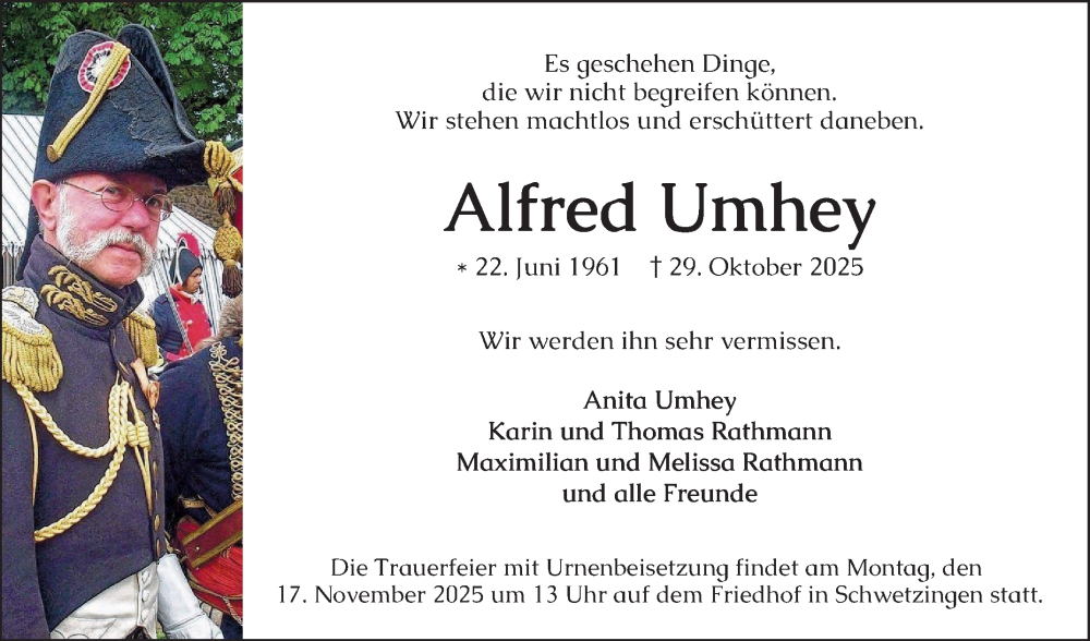  Traueranzeige für Alfred Umhey vom 08.11.2025 aus Schwetzinger Zeitung