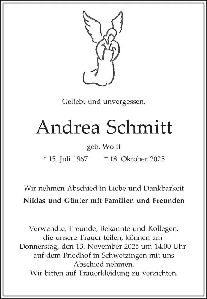  Traueranzeige für Andrea Schmitt vom 08.11.2025 aus Schwetzinger Zeitung