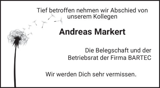 Traueranzeige von Andreas Markert von Fränkische Nachrichten