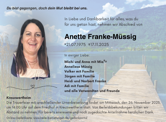 Traueranzeige von Anette Franke-Müssig von Fränkische Nachrichten
