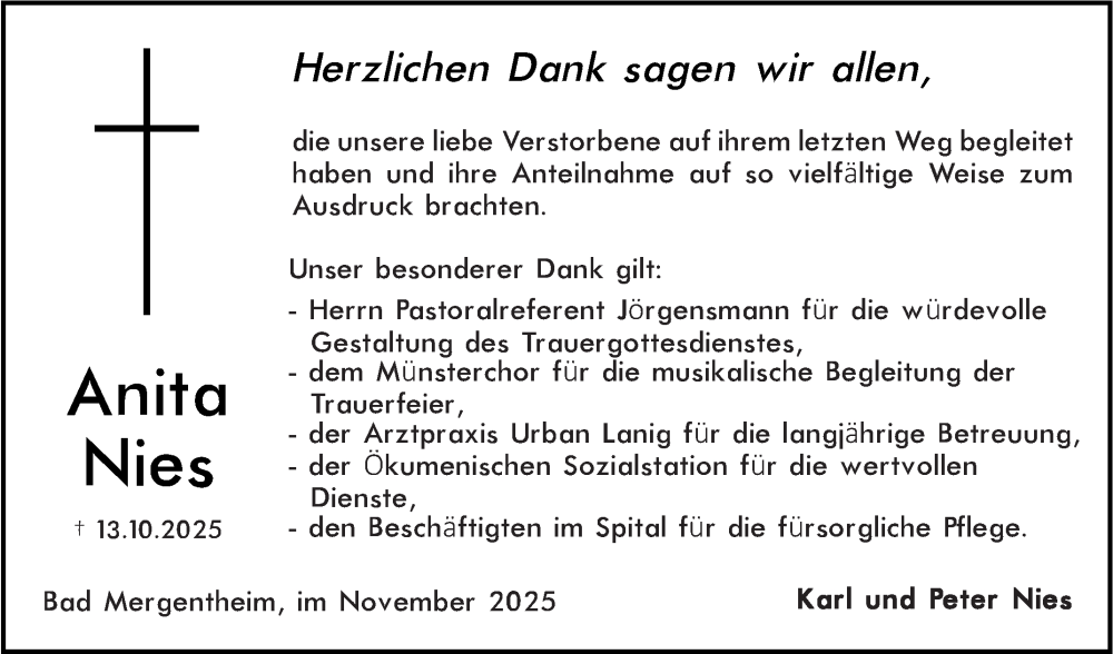  Traueranzeige für Anita Nies vom 25.11.2025 aus Fränkische Nachrichten