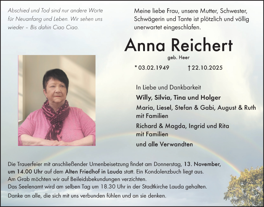  Traueranzeige für Anna Reichert vom 07.11.2025 aus Fränkische Nachrichten