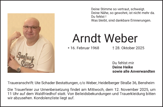 Traueranzeige von Arndt Weber von Bergsträßer Anzeiger