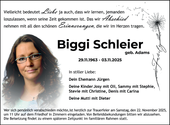 Traueranzeige von Biggi Schleier von Fränkische Nachrichten