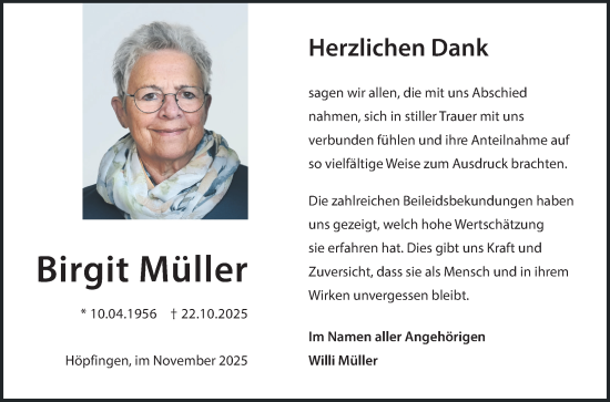 Traueranzeige von Birgit Müller von Fränkische Nachrichten
