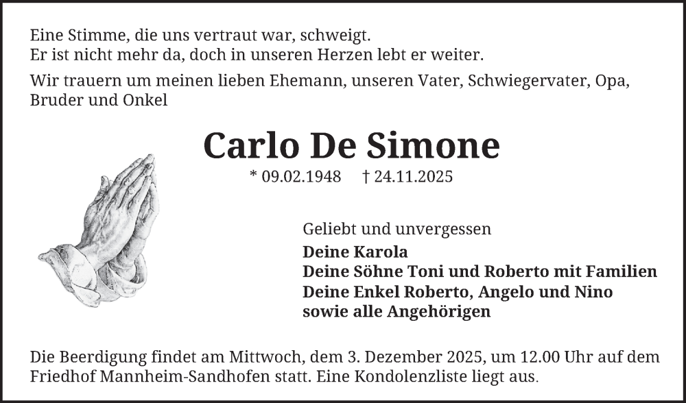  Traueranzeige für Carlo De Simone vom 29.11.2025 aus Mannheimer Morgen