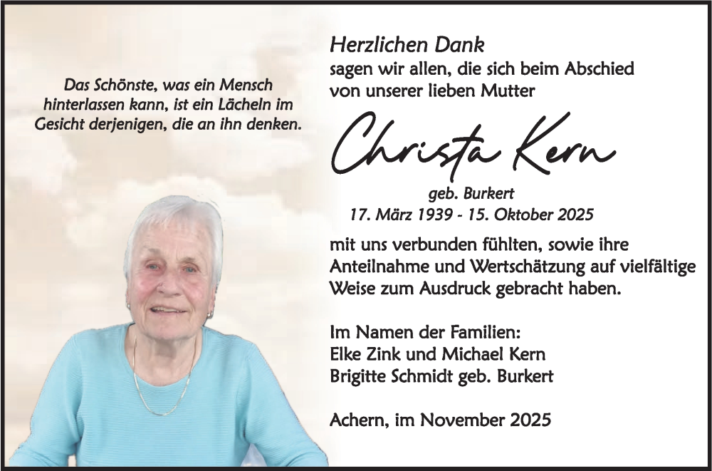  Traueranzeige für Christa Kern vom 08.11.2025 aus Fränkische Nachrichten