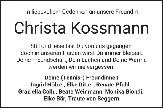 Traueranzeige von Christa Kossmann von Bergsträßer Anzeiger