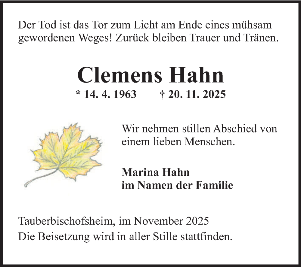  Traueranzeige für Clemens Hahn vom 29.11.2025 aus Fränkische Nachrichten