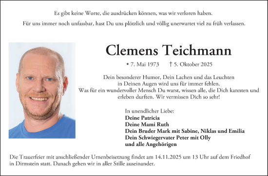 Traueranzeige von Clemens Teichmann von Mannheimer Morgen