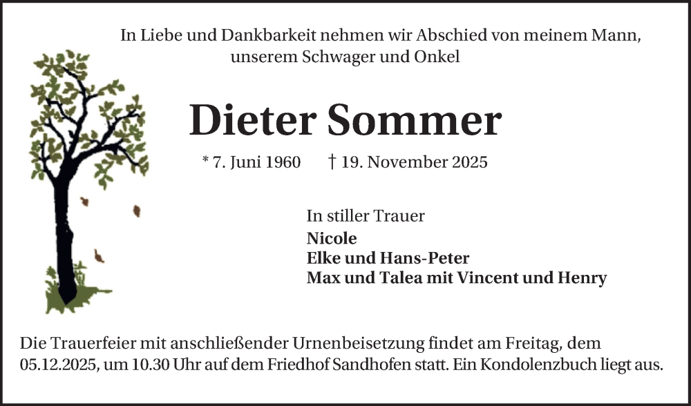  Traueranzeige für Dieter Sommer vom 01.12.2025 aus Mannheimer Morgen