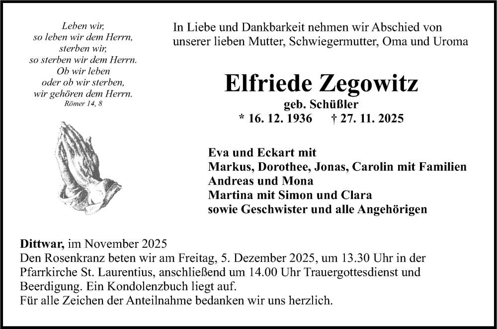  Traueranzeige für Elfriede Zegowitz vom 29.11.2025 aus Fränkische Nachrichten