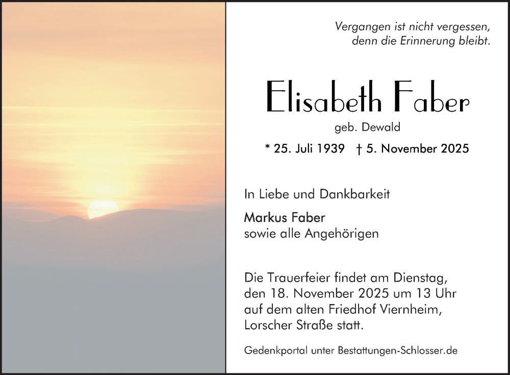 Traueranzeige für Elisabeth Faber vom 14.11.2025 aus Mannheimer Morgen