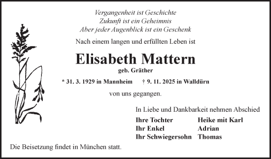Traueranzeige von Elisabeth Mattern von Fränkische Nachrichten