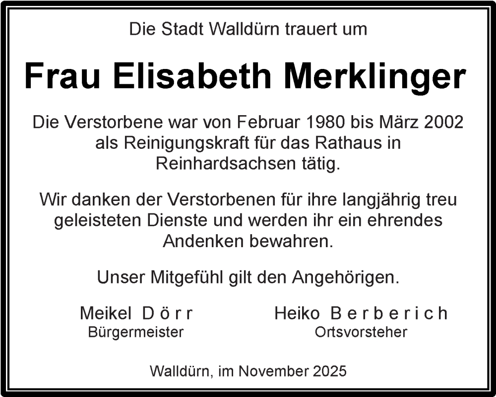 Traueranzeige für Elisabeth Merklinger vom 18.11.2025 aus Fränkische Nachrichten