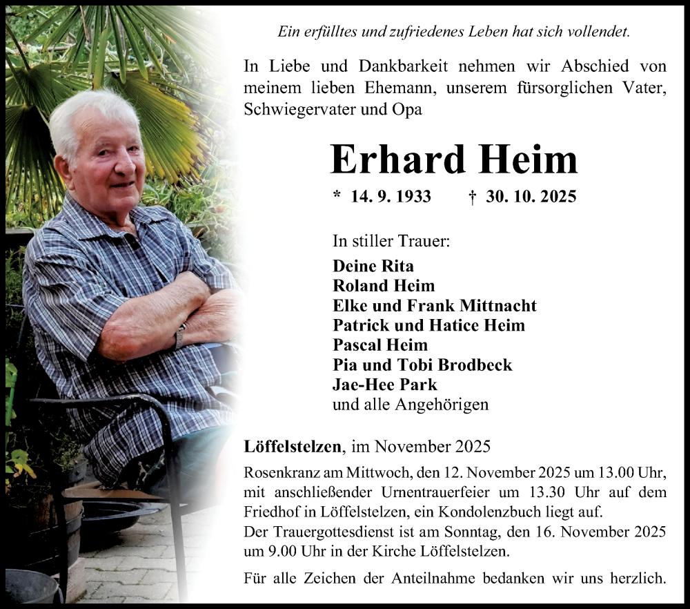  Traueranzeige für Erhard Heim vom 07.11.2025 aus Fränkische Nachrichten