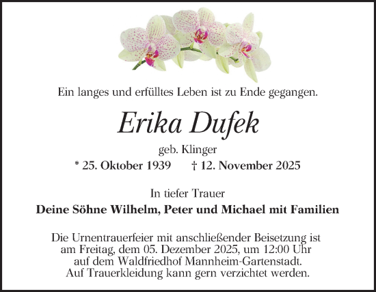 Traueranzeige von Erika Dufek von Mannheimer Morgen