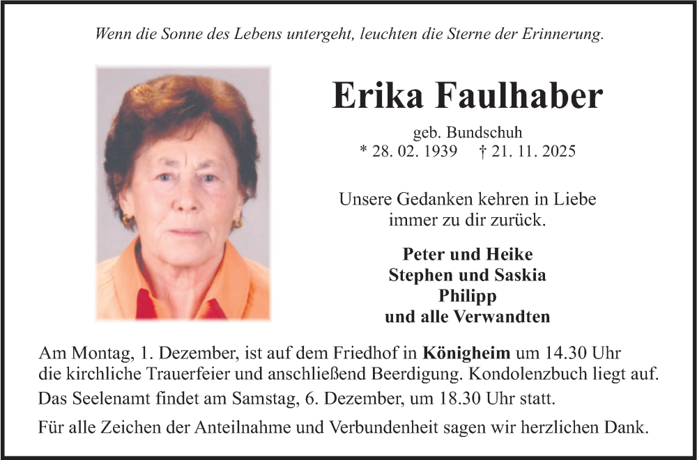  Traueranzeige für Erika Faulhaber vom 26.11.2025 aus Fränkische Nachrichten
