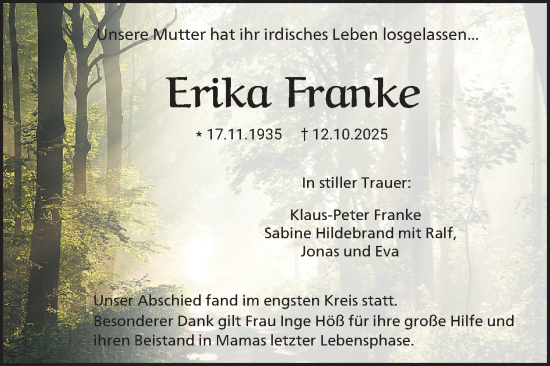 Traueranzeige von Erika Franke von Mannheimer Morgen