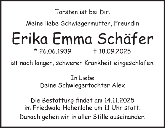 Traueranzeige von Erika Emma Schäfer von Fränkische Nachrichten