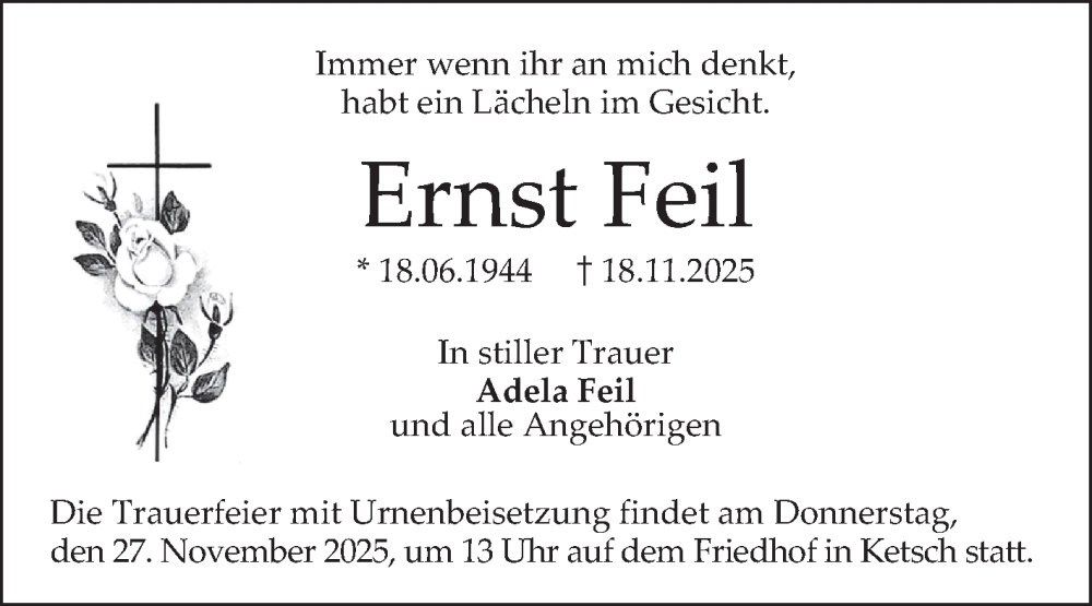  Traueranzeige für Ernst Feil vom 22.11.2025 aus Schwetzinger Zeitung