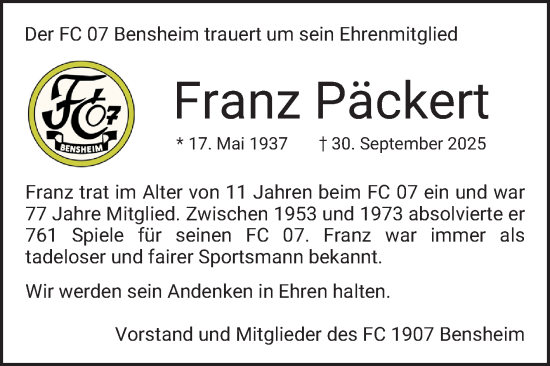 Traueranzeige von Franz Päckert von Bergsträßer Anzeiger